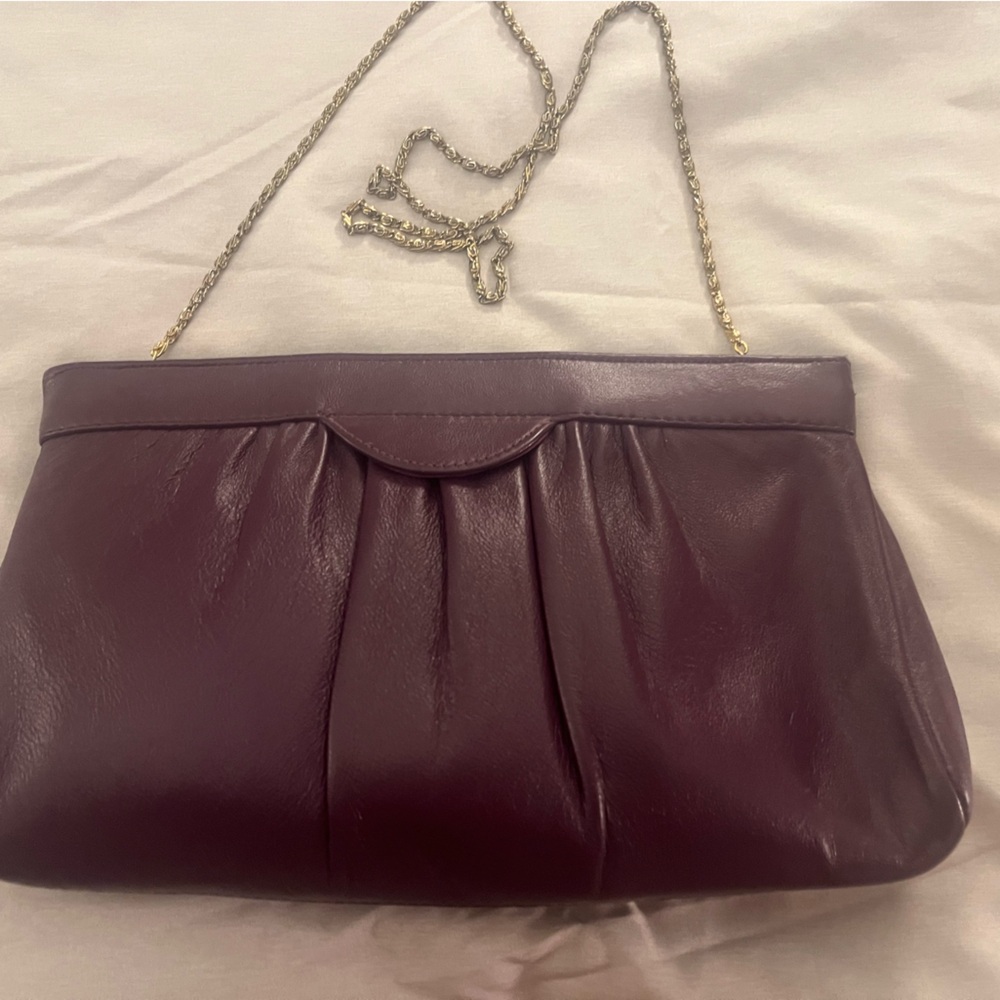 Andes Plum Purple Leather Pleated Clutch Chain Shoulder Bag